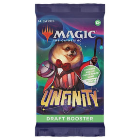MTG Unfinity Draft Booster Pack by Wizards of the Coast featuring colorful collectible trading cards and cosmic-themed artwork.
