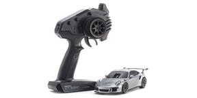 Kyosho Mini-Z MR-04 RWD Porsche 911 GT3 silver metallic RC car with detailed exterior and sleek design.