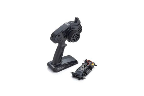 Kyosho Mini-Z RWD MR-04 RC car chassis and transmitter set, featuring detailed components and ergonomic controls.