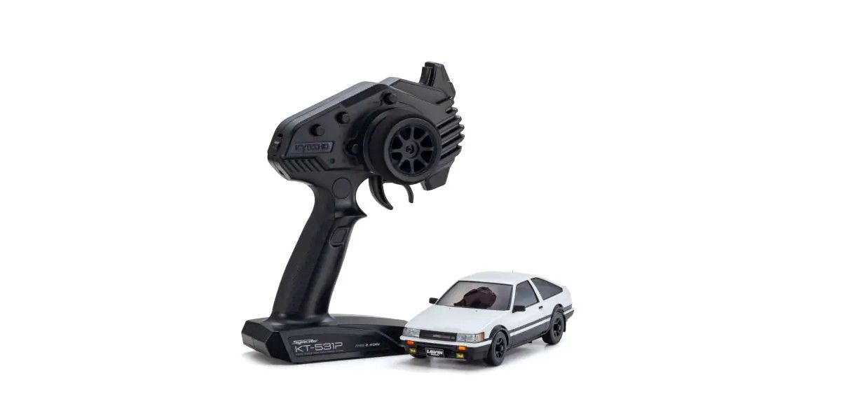 Kyosho Mini-Z AWD Toyota Corolla Levin AE86 RC car in white and black, detailed miniature vehicle on display.
