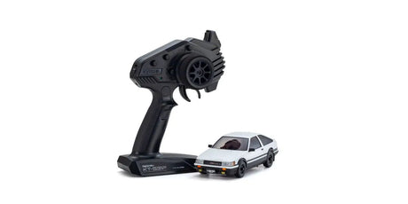 Kyosho Mini-Z AWD Toyota Corolla Levin AE86 RC car in white and black, detailed miniature remote-controlled vehicle.