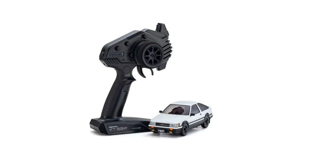 Kyosho Mini-Z AWD Toyota Corolla Levin AE86 RC car in white and black, detailed miniature vehicle on display.