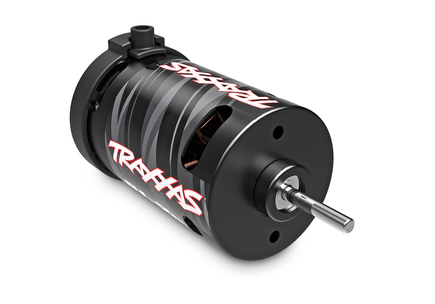Traxxas BL-2S Brushless 3300Kv RC car motor showing black and silver cylindrical design with wiring terminals.