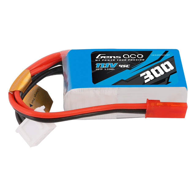 Gens Ace 300mAh 3S 11.1V 45C LiPo battery with JST connector for RC hobby applications.