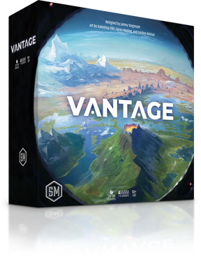 3D image of Vantage game by Stonemaier Games, featuring colorful game pieces and a modern tabletop setup.
