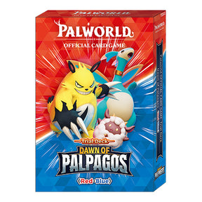 Palworld Dawn of Palpagos Blue and Red Trial Deck from BushiRoad, featuring colorful cards with fantasy creature illustrations.