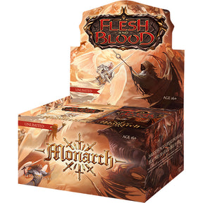 Legends Story Studios Flesh and Blood Monarch Unlimited booster box with collectible trading cards displayed.