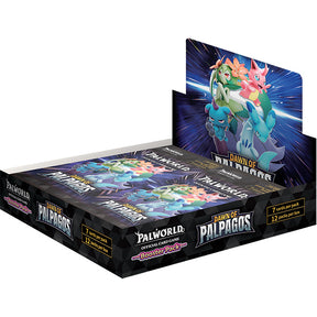 Box of Palworld Dawn of Palpagos booster packs by BushiRoad, featuring colorful card artwork and packaging design.