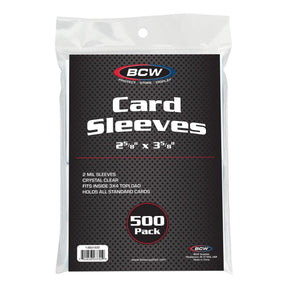 Set of 500 BCW standard card sleeves for protecting trading cards, made from clear, durable plastic.