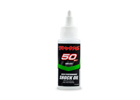 Traxxas 50-wt silicone shock oil, 2 fl oz, with clear liquid in a small bottle, designed for RC vehicle suspension tuning.