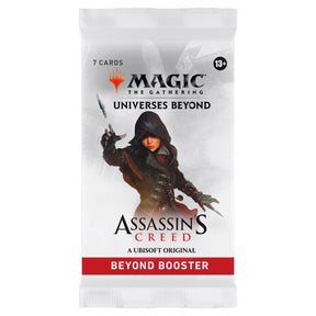 Assassin's Creed Beyond booster pack from Magic: The Gathering by Wizards of the Coast, featuring colorful artwork on the packaging.