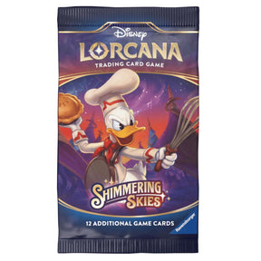Lorcana TCG Shimmering Skies Booster Pack featuring colorful card artwork and fantasy-themed illustrations on the packaging.