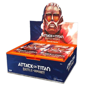 Universus Attack on Titan Battle for Humanity Booster Box by UVS Games with colorful booster pack artwork and game cards.