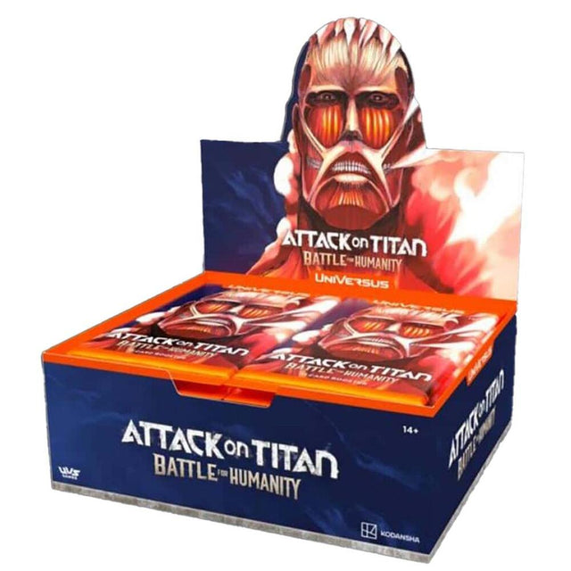 Universus Attack on Titan Battle for Humanity booster box by UVS Games showing colorful card packs and packaging design.