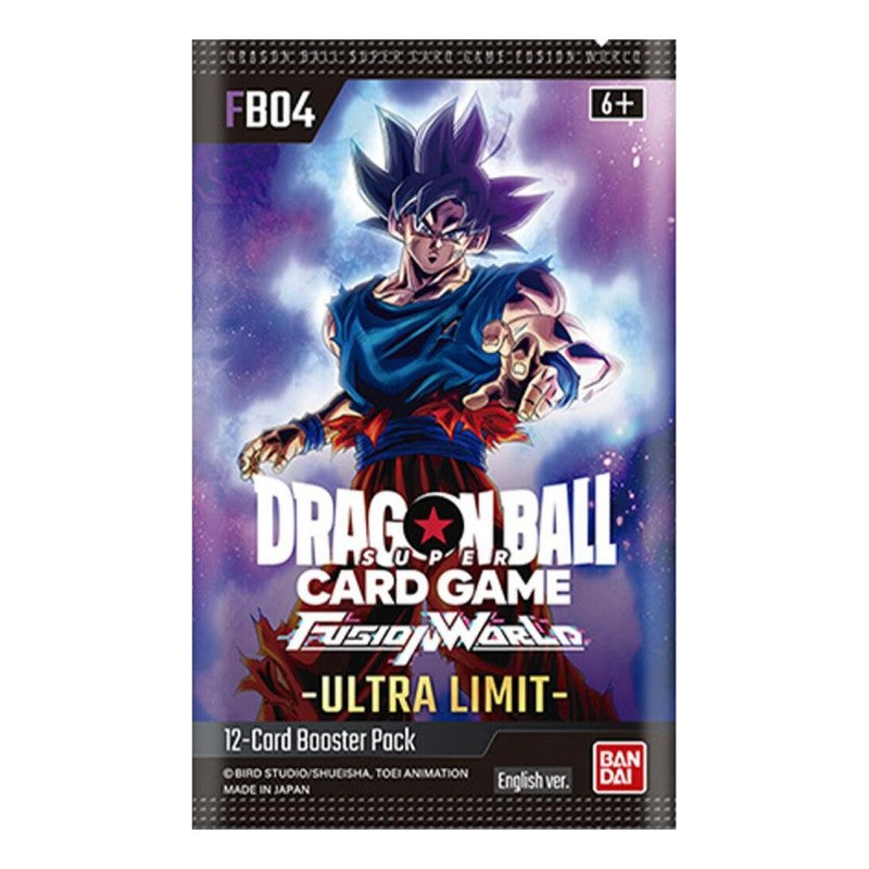 Dragon Ball Fusion World Ultra Limit Booster Pack by Bandai, featuring colorful trading cards and game accessories on a white background.