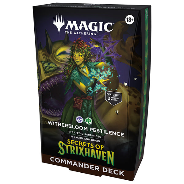 MTG Secrets of Strixhaven Commander Deck box and cards from Wizards of the Coast, featuring colorful artwork and card layout.