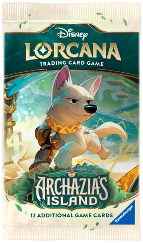 Lorcana TCG Archazia's Island booster pack with colorful card illustrations and vibrant packaging design.