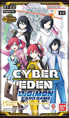 Digimon TCG Cyber Eden Booster Pack by Bandai featuring colorful cards from the Digimon Card Game set.
