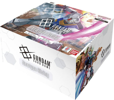 Bandai Gundam Card Game Newtype Rising booster box with colorful packaging and artwork featuring Gundam characters.