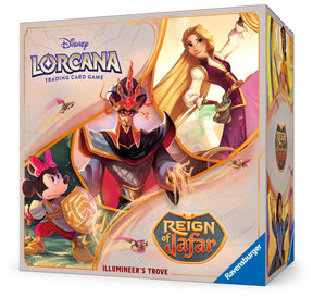 Lorcana TCG Reign of Jafar Illumineer's Trove card set with vibrant artwork and detailed game card design.