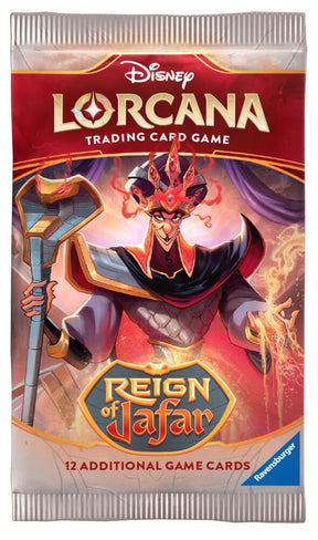 Lorcana TCG Reign of Jafar Booster Pack with colorful card illustrations and packaging featuring Disney characters and fantasy artwork.