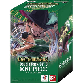 Bandai One Piece TCG: Legacy of the Master Double Pack Set collectible trading cards featuring colorful character illustrations.
