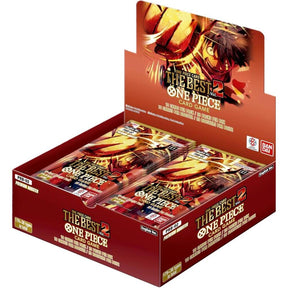 Bandai One Piece TCG The Best Vol. 2 booster box of collectible trading cards with colorful packaging and artwork.