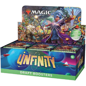 MTG Unfinity Draft Booster Box by Wizards of the Coast, featuring colorful space-themed packaging and booster packs.