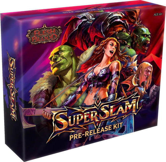 Flesh and Blood Super Slam Prerelease Kit from Legends Story Studios featuring collectible trading cards and promotional materials.