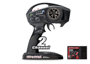 Hobby Addicts Traxxas TQi 2-channel 2.4 GHz transmitter with TSM receiver for RC cars and vehicles, showing control interface and antenna