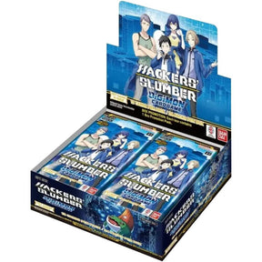 Digimon TCG Hackers' Slumber Booster Box by Bandai, showing colorful booster packs with Digimon cards and artwork.