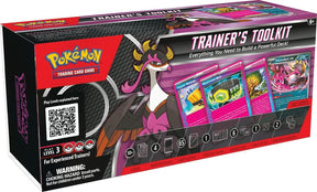 Pokémon Trainer's Toolkit 2025 for Pokémon TCG, featuring booster packs, card storage, and accessories in a colorful box.