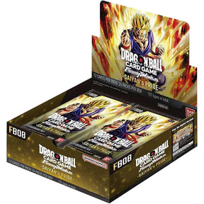 Bandai Dragon Ball Fusion World Saiyan's Pride Booster Box with colorful packaging and collectible trading cards inside.