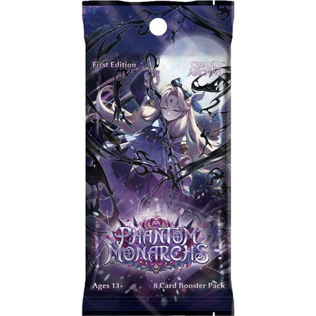 Weebs of the Shore Grand Archive TCG Phantom Monarchs 1st Edition booster pack, featuring colorful card artwork and branding.
