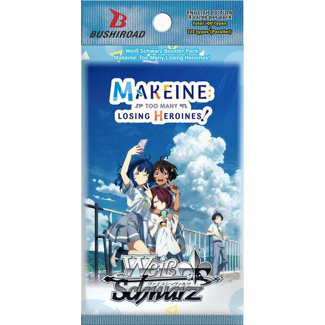 Weiss Schwarz Makeine Too Many Losing Heroines! Booster Pack by BushiRoad featuring colorful anime-style card art on a white background.