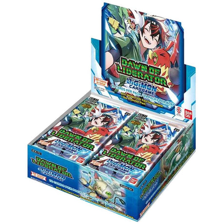 Bandai Digimon Card Game Dawn of Liberator Booster Box with colorful artwork and packaging featuring Digimon characters.