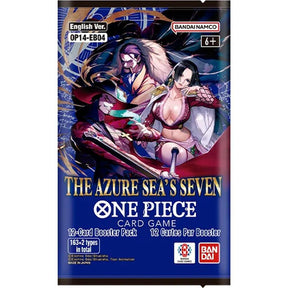 Bandai One Piece TCG The Azure Sea's Seven booster pack with colorful cards featuring characters from the One Piece series.