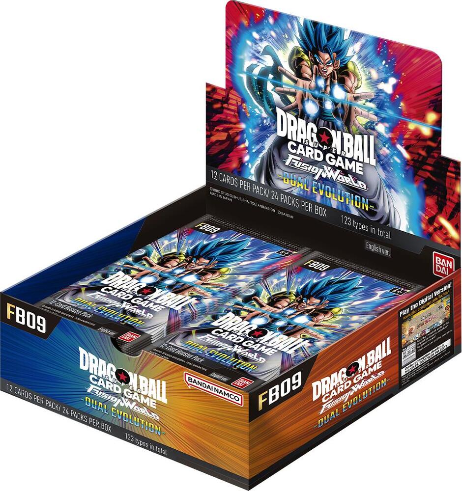 Bandai Dragon Ball Fusion World: Dual Evolution Booster Box with colorful trading cards and booster packs on a white background.