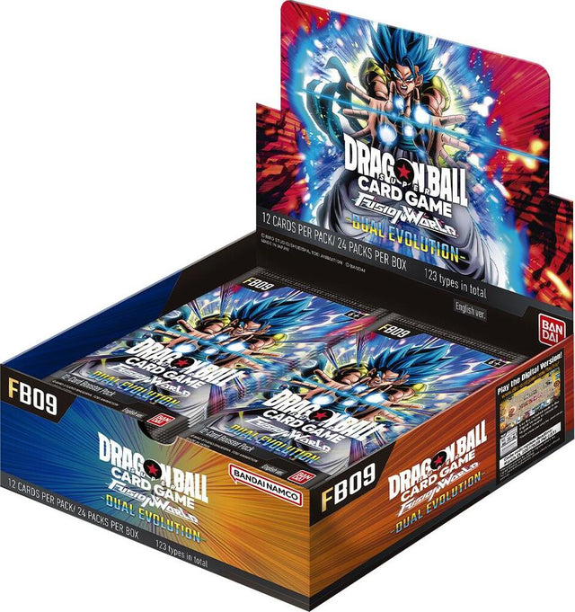 Bandai Dragon Ball Fusion World: Dual Evolution Booster Box with colorful trading cards and booster packs on a white background.