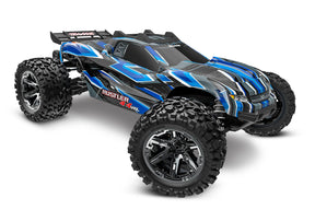 Traxxas Rustler 4X4 VXL remote control truck with blue body, front view showing rugged design and off-road tires.