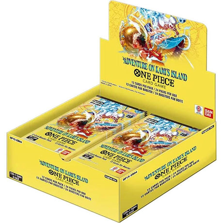 Bandai One Piece TCG Adventure on Kami's Island booster box with colorful packaging and artwork featuring characters from the series.