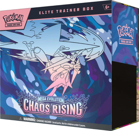 Pokemon Chaos Rising Elite Trainer Box for Pokémon TCG, featuring booster packs, card sleeves, and accessories in vibrant packaging.