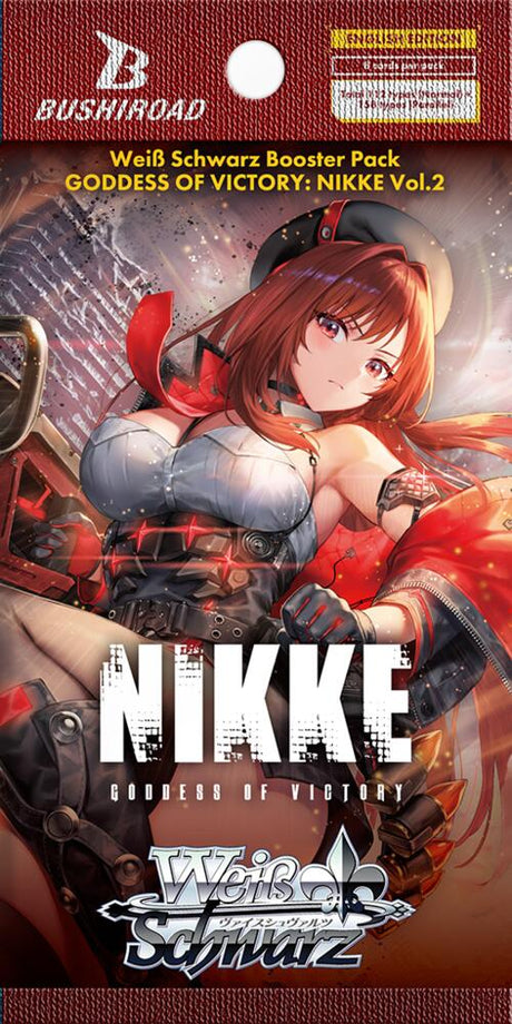 Weiss Schwarz GODDESS OF VICTORY NIKKE Vol.2 booster pack with colorful card artwork and vivid illustrations.