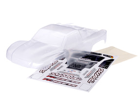 Traxxas Slash 4X4 heavy-duty clear clipless RC car body on a white background with detailed design features.