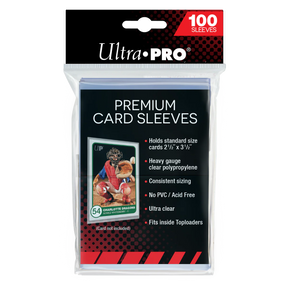 Ultra Pro premium card sleeves in a pack of 100, designed for protecting trading or collectible cards.
