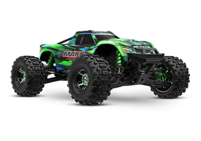 Traxxas Maxx Ultimate RC truck with green body and large tires, front quarter view showing detailed truck design.