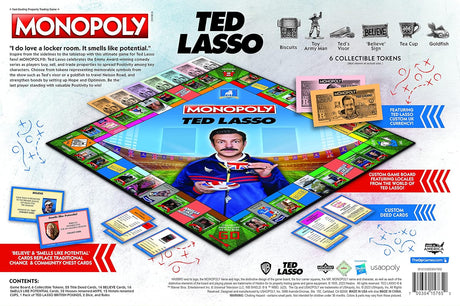 Hasbro Monopoly: Ted Lasso board game with game pieces, colorful box, and Ted Lasso-themed design on the packaging.