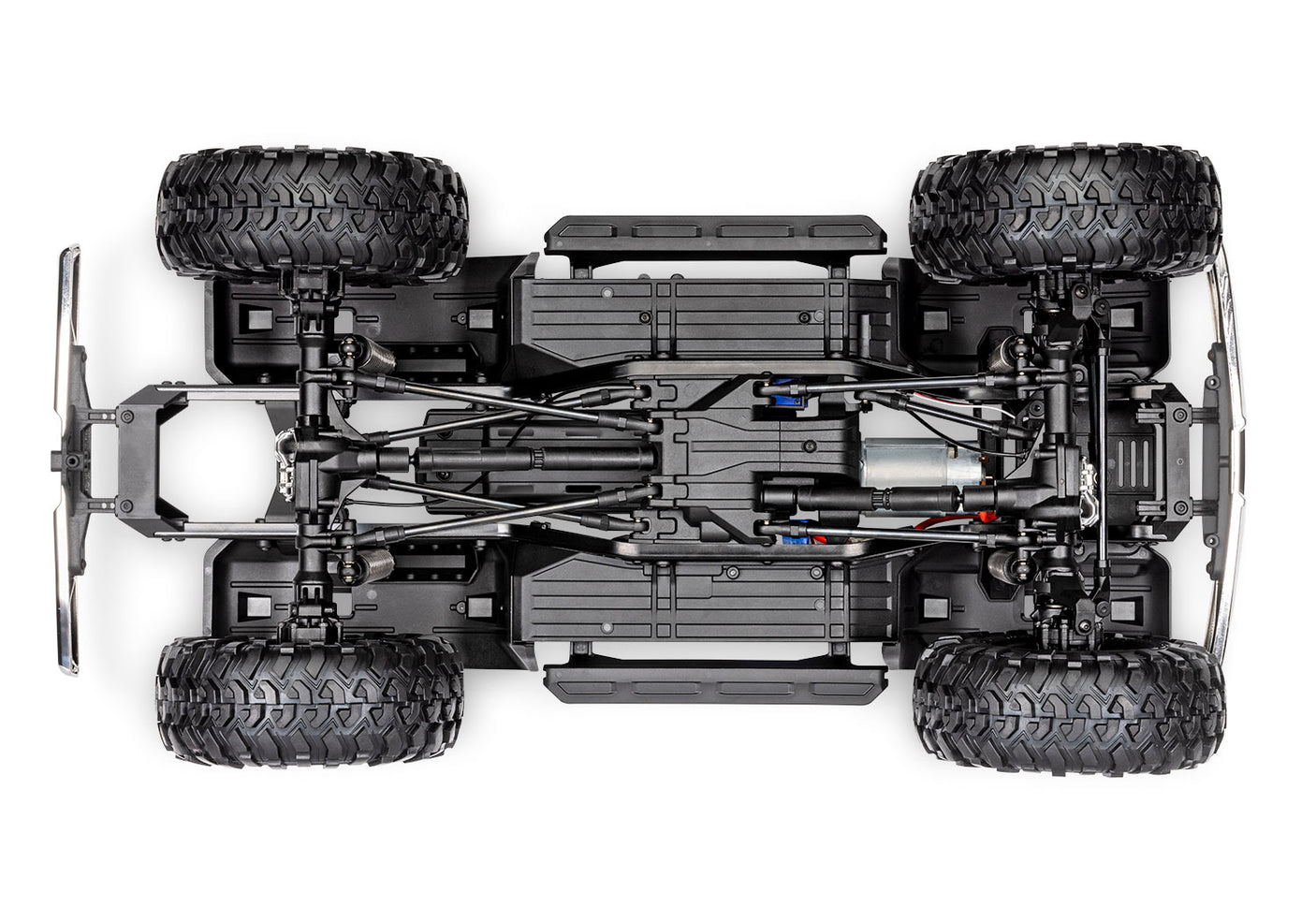 Traxxas TRX-4 Ford F-150 High Trail Edition RC truck chassis bottom view showing detailed underside and suspension components.