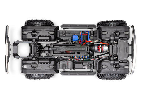 Overhead view of the chassis for the Traxxas TRX-4 Ford F-150 High Trail Edition remote control truck.
