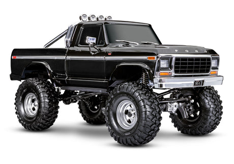 Traxxas TRX-4 Ford F-150 High Trail Edition RC truck front three-quarter view showing black body and detailed design
